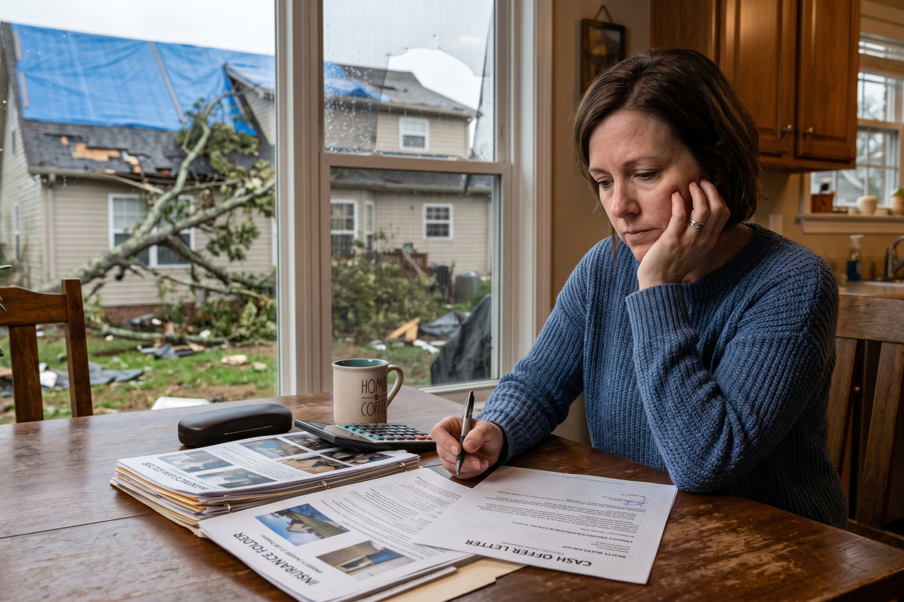 A homeowner sitting at a kitchen table in Clarksville Tennessee reviewing storm damage insurance documents alongside a cash offer letter, showing a difficult decision-making process