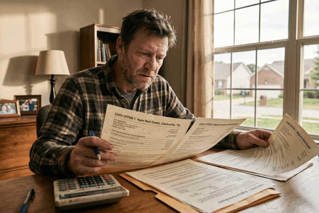 A homeowner at a desk comparing multiple printed cash offer documents from different real estate companies for their storm-damaged home in Tennessee, looking carefully at the numbers