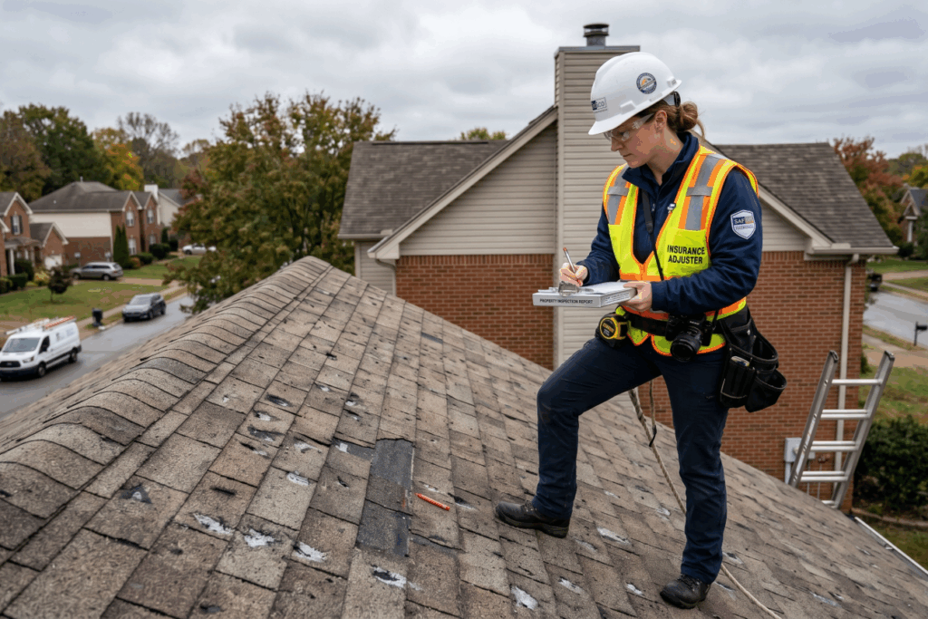 An insurance adjuster with a clipboard inspecting hail and wind damage on a residential roof in a Tennessee suburban neighborhood, daylight, professional inspection scene 
