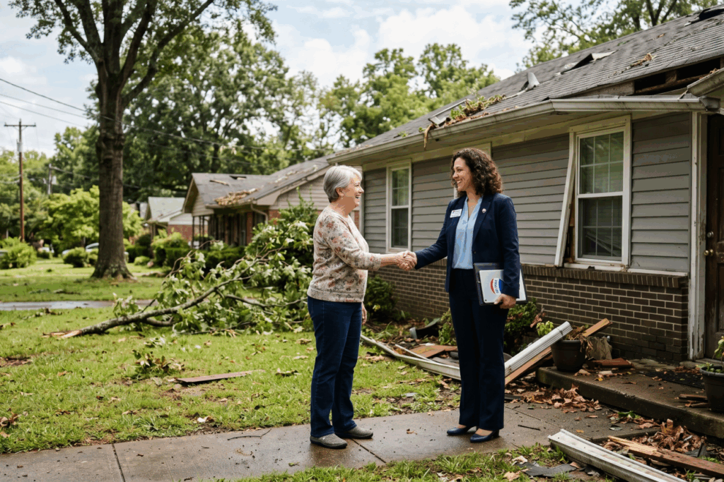 A friendly real estate consultant shaking hands with a homeowner in front of a storm-damaged property in a Clarksville Tennessee neighborhood, representing the cash offer process 