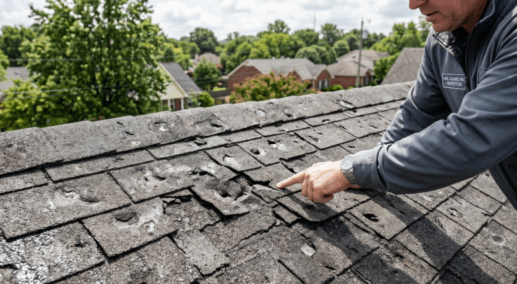 Close-up of a residential roof in Clarksville Tennessee showing severe hail damage, dented shingles, and granule loss, during a daylight home inspection