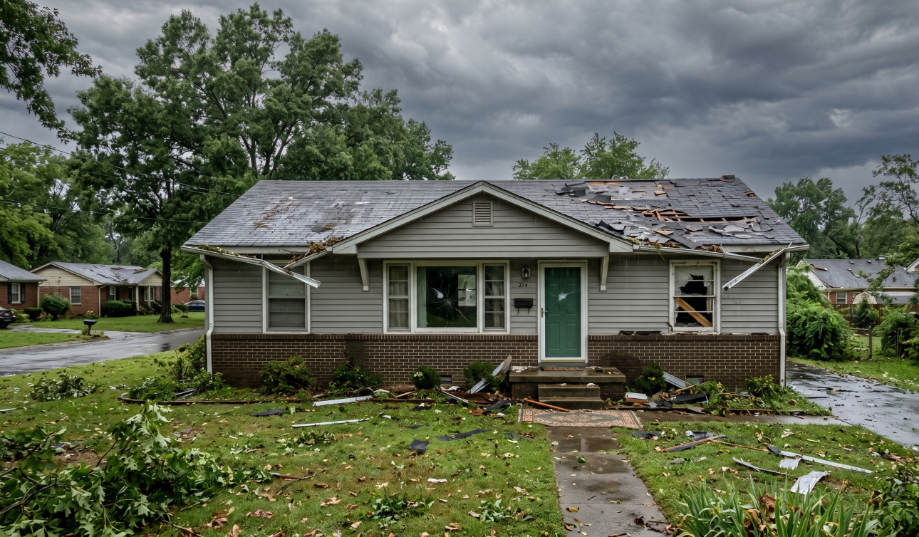 A residential home in Clarksville Tennessee with visible roof storm damage and broken windows, showing hail dents and missing shingles, representing a property eligible for cash sale