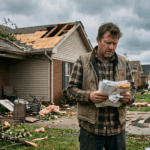 A worried homeowner standing in front of a storm-damaged house in Clarksville Tennessee holding their head in frustration, surrounded by visible roof damage and debris, representing costly selling mistakes