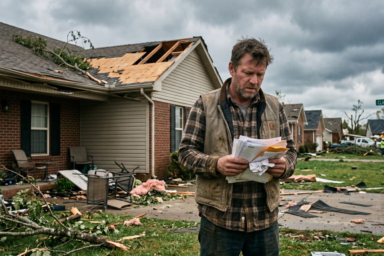 A worried homeowner standing in front of a storm-damaged house in Clarksville Tennessee holding their head in frustration, surrounded by visible roof damage and debris, representing costly selling mistakes