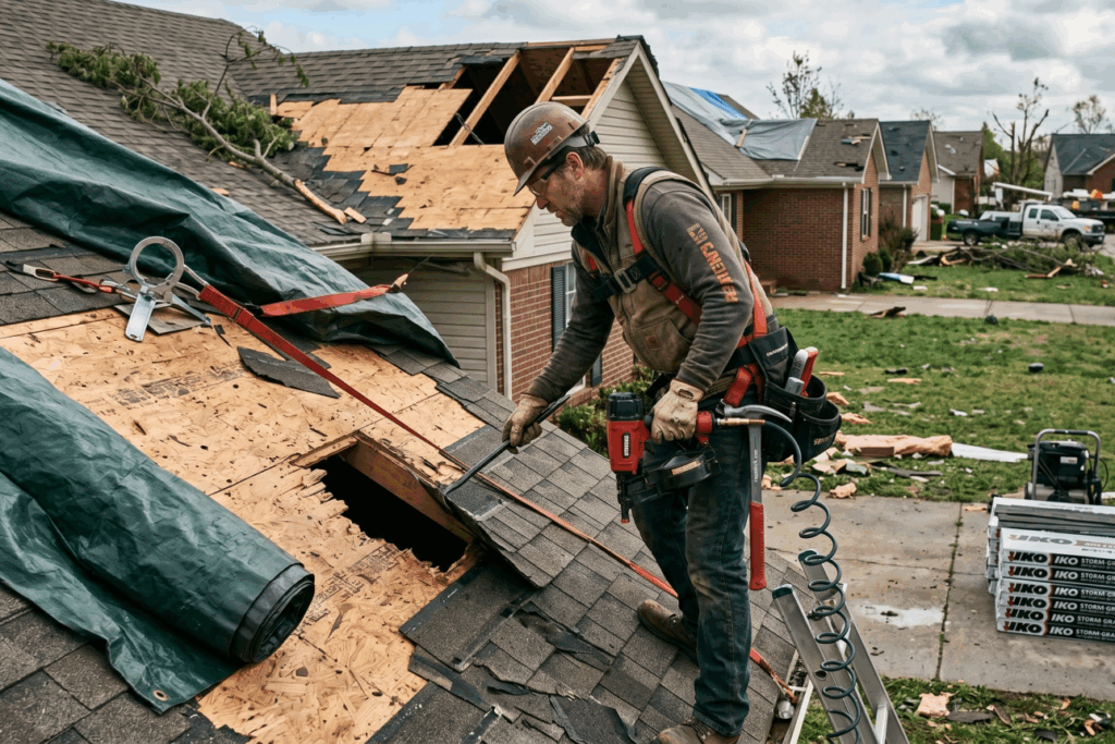 A roofing contractor standing on a storm-damaged roof in Tennessee with visible damage, overseeing an expensive repair job that a homeowner may not need to complete before selling 
