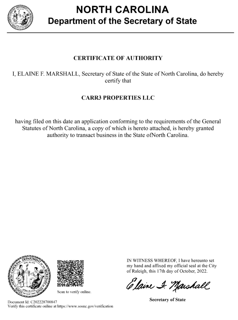 Carr3 Properties Certificate Of Authority