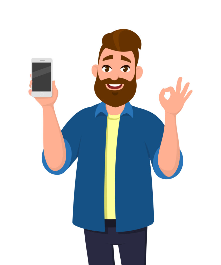 An illustration of a person used as an avatar for HR Property Doctor, LLC- Professional cash home buyers, showing his mobile while signaling satisfaction with his hand gesture