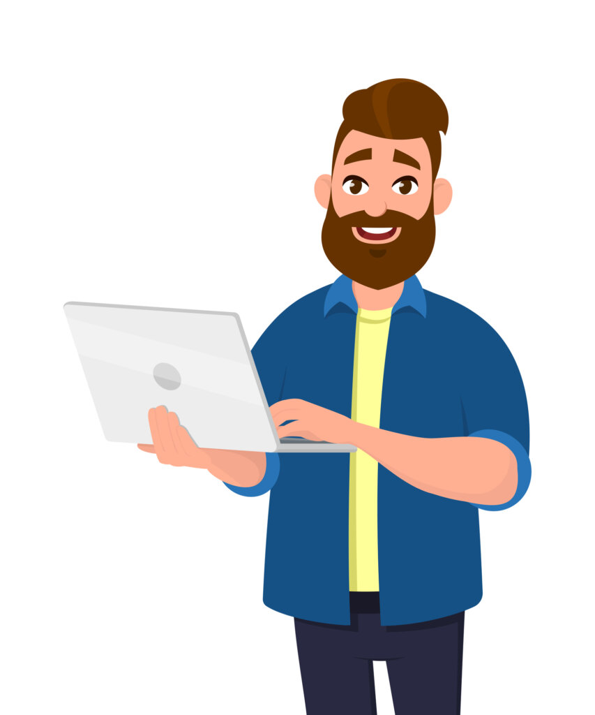 An illustration of a person with a beard holding a laptop.