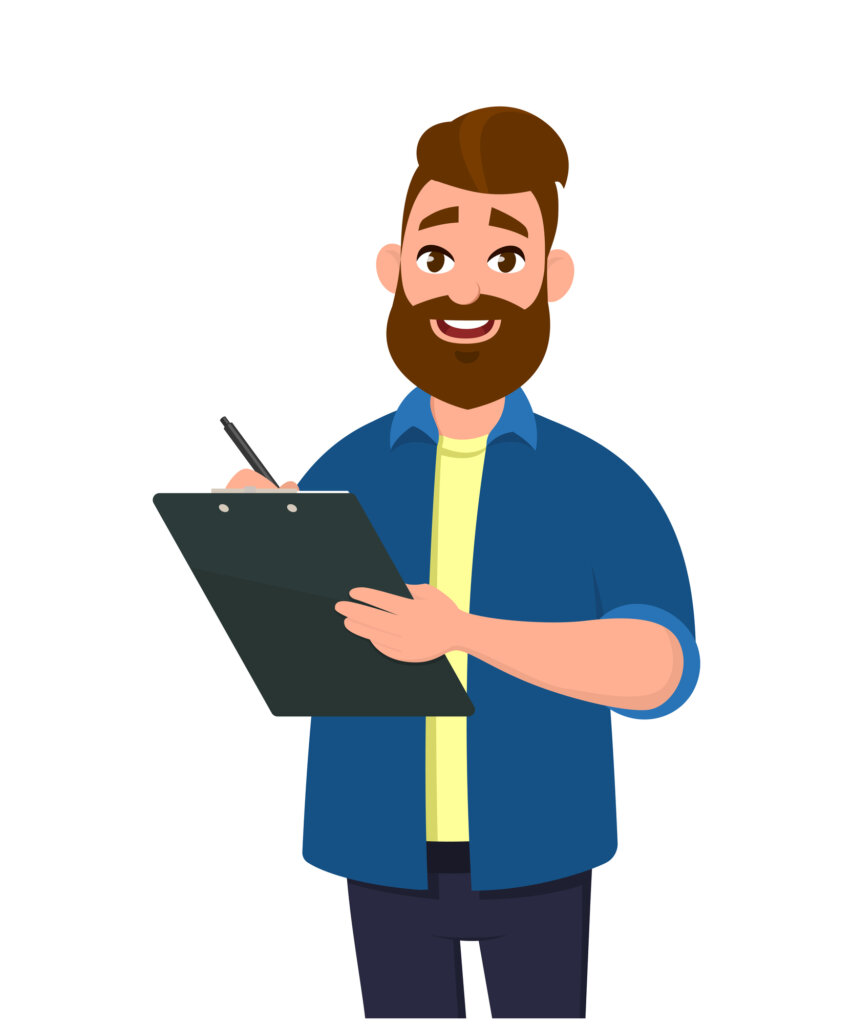 An illustration of a person with a beard writing something on a clipboard.
