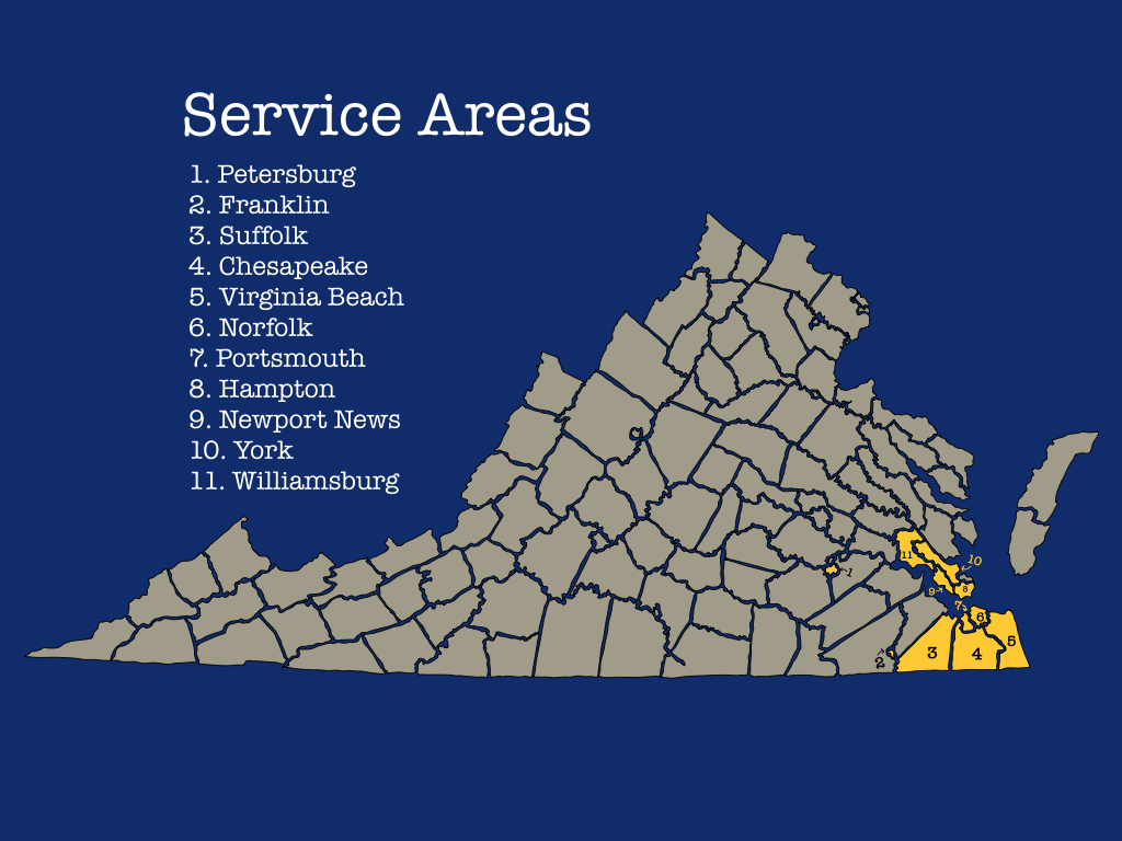 Virginia Map Highlighting the service areas of HR Property Doctor- Professional Cash Home Buyers