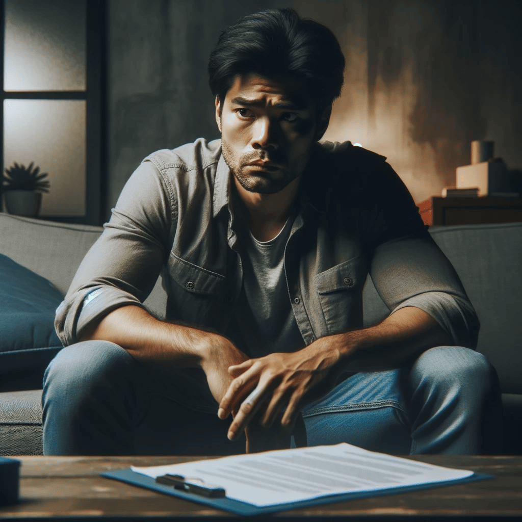 photo of a adult male in distress sitting on a sofa in a dimly lit room