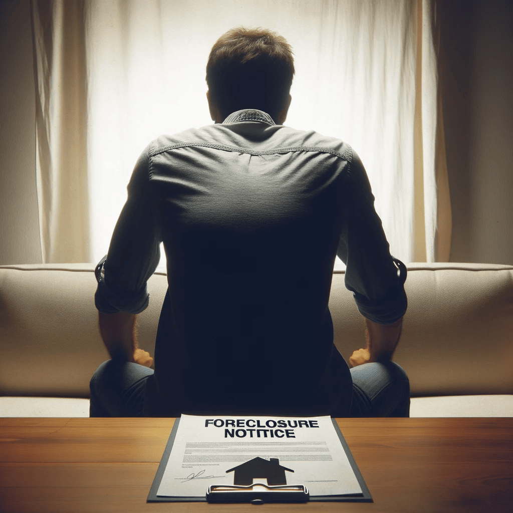 A person appearing distressed sitting on a sofa facing his back to the camera and a foreclosure notice is placed on a table his behind.