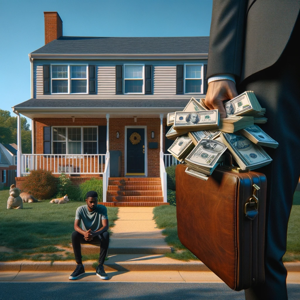 A male in casual attire stands on the porch of a standard, single-story Virginia house, displaying a facade of brickwork and white-framed windows. He watches a person taking cash deemed as his home equity with a troubled expression, symbolizing the distress of losing home equity in a foreclosure.