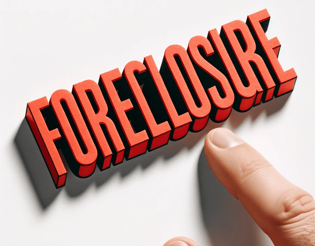 photo of a clean white background with the word Foreclosure written correctly in bold red letters.