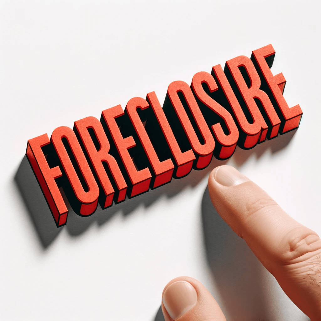 photo of a clean white background with the word Foreclosure written correctly in bold red letters.