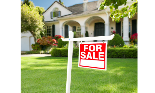 'For Sale' sign on a well-manicured lawn in front of a beautiful home. This represents the initial stage of selling a house.