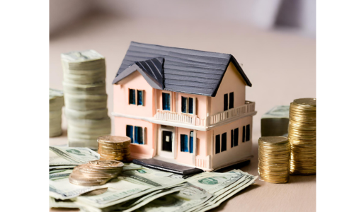 A small model of a house with stacks of cash beside it. This symbolizes the concept of selling a house for cash.
