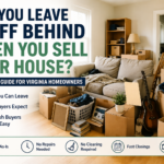Homeowner preparing to sell a Virginia house with moving boxes and belongings left inside.