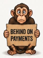 Monkey holding a Behind on Payments sign