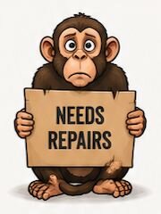 Monkey holding a Needs Repairs sign