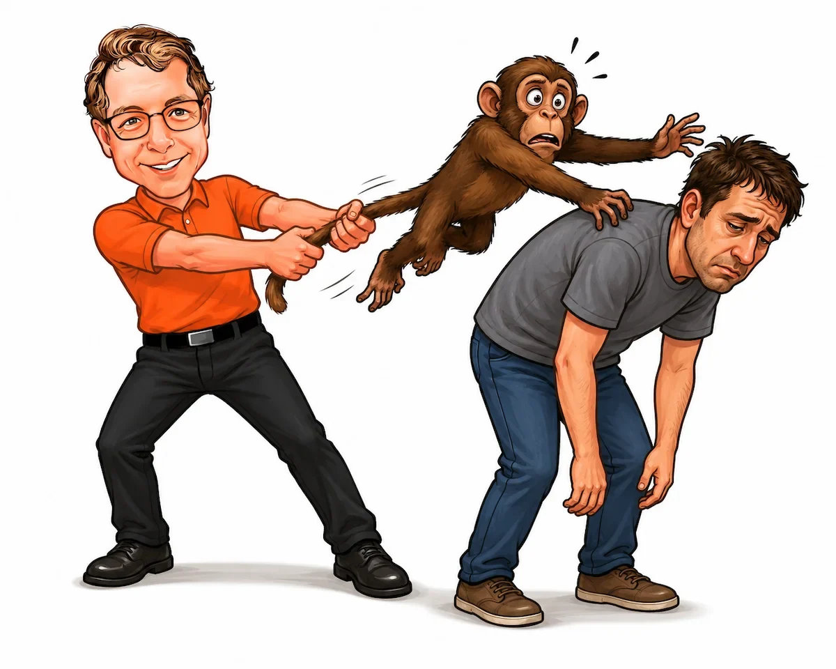 Wade helping remove a monkey from a tired homeowner's back