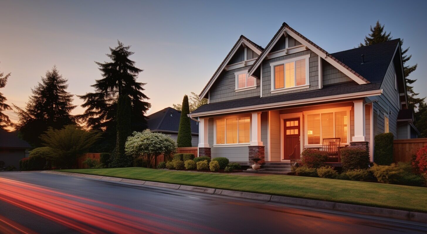 comtemporary style beaverton oregon home on a tree lined street light blue with white collums being sold as is home buyer