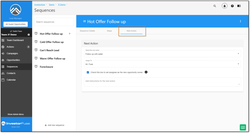 Sequence Default Next Action 