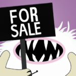 white-furry-monster-holding-a-for-sale-sign-with-a-purple-background
