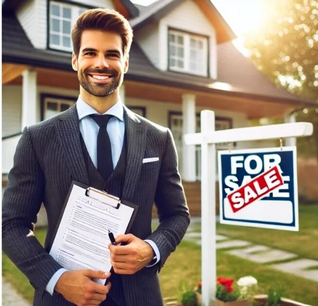 Real estate agent standing confidently in front of a house for sale, holding documents.