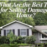 Damaged house with 'For Sale' sign in front, showing visible signs of damage and text overlay 'Tips for Selling a Damaged House