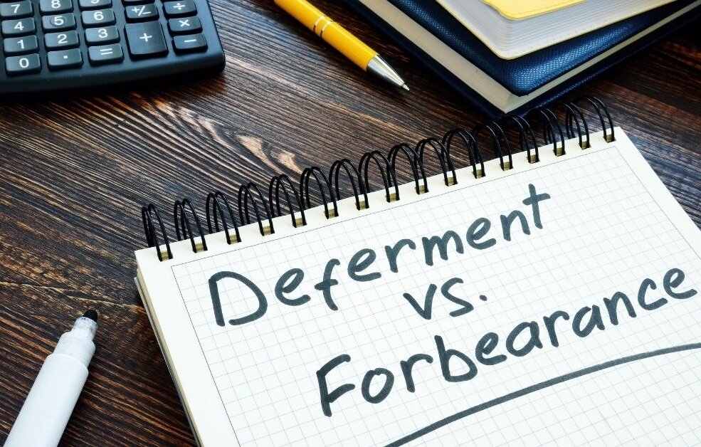 Image comparing deferment vs forbearance in mortgage agreements, focusing on how missed payments are managed.