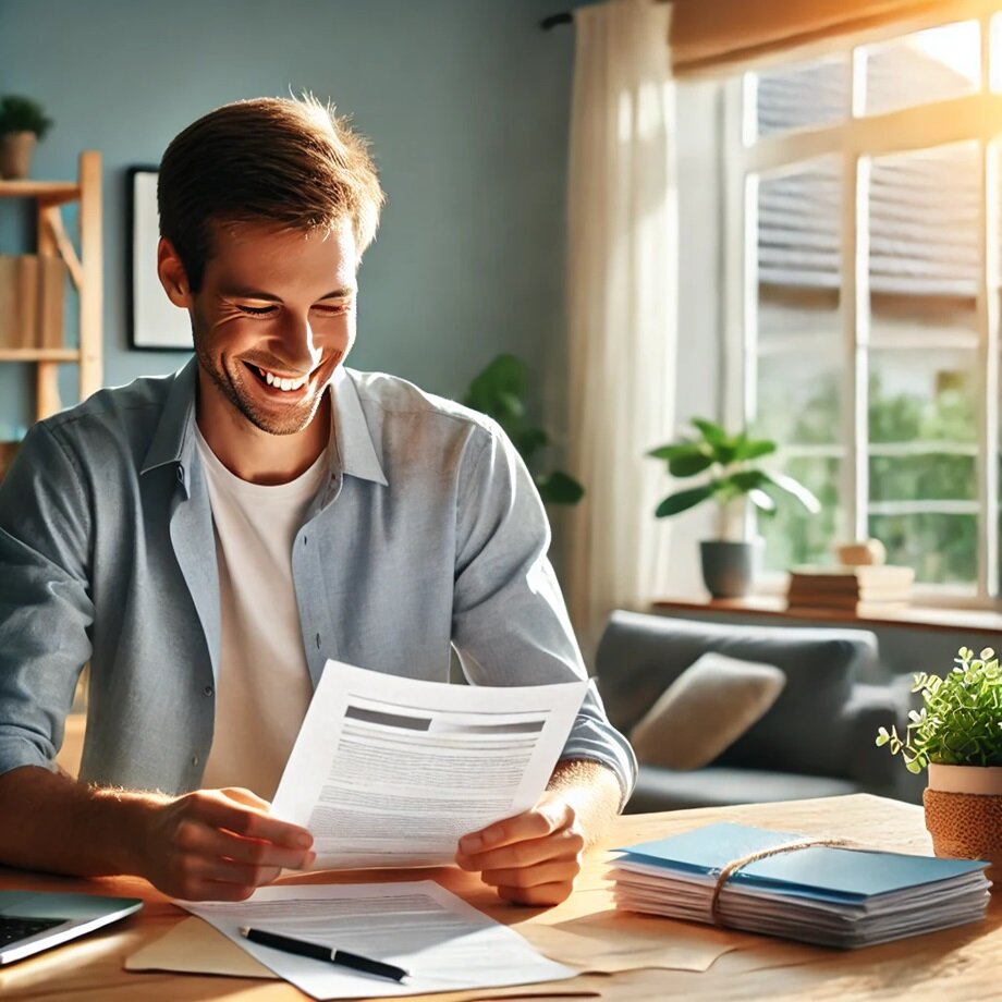 Person happily reviewing documents after resolving financial issues with a hardship letter and receiving mortgage relief.