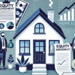 Illustration representing Home Equity Sharing with a house split between an owner and investor, symbols of cash, and equity agreement.