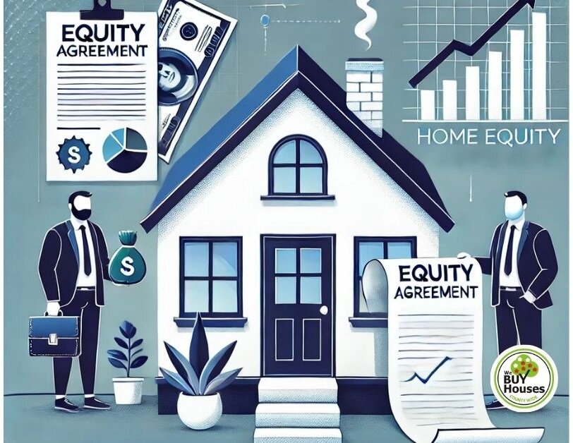 Illustration representing Home Equity Sharing with a house split between an owner and investor, symbols of cash, and equity agreement.