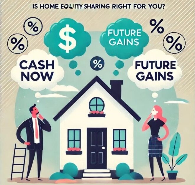 Illustration representing Final thoughts on home sharing equity with a house split between an owner and investor.