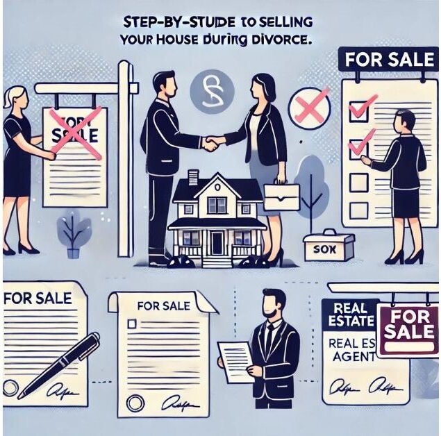 Illustration showing key steps to selling a house during divorce, including