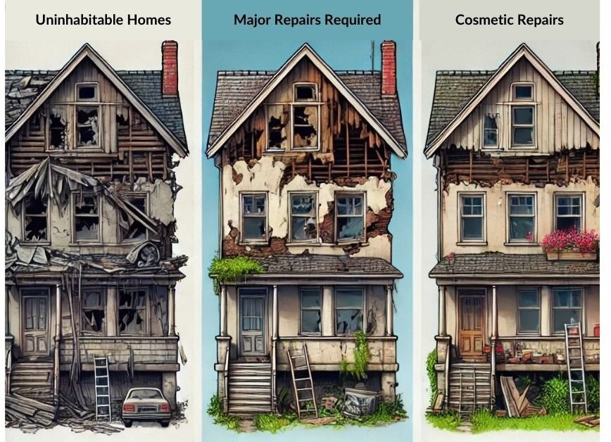 Comparison of types of damage impacting house sales: uninhabitable, major repairs required, and cosmetic repairs needed
