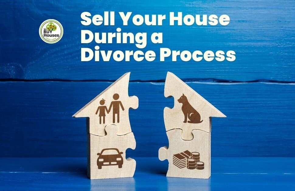 Illustration of a house divided in half with a 'For Sale' sign and two individuals,
