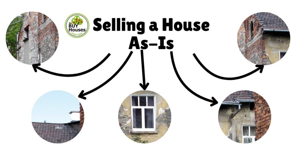 House for sale as-is with minor exterior wear and overgrown lawn, representing common challenges in as-is home sales.