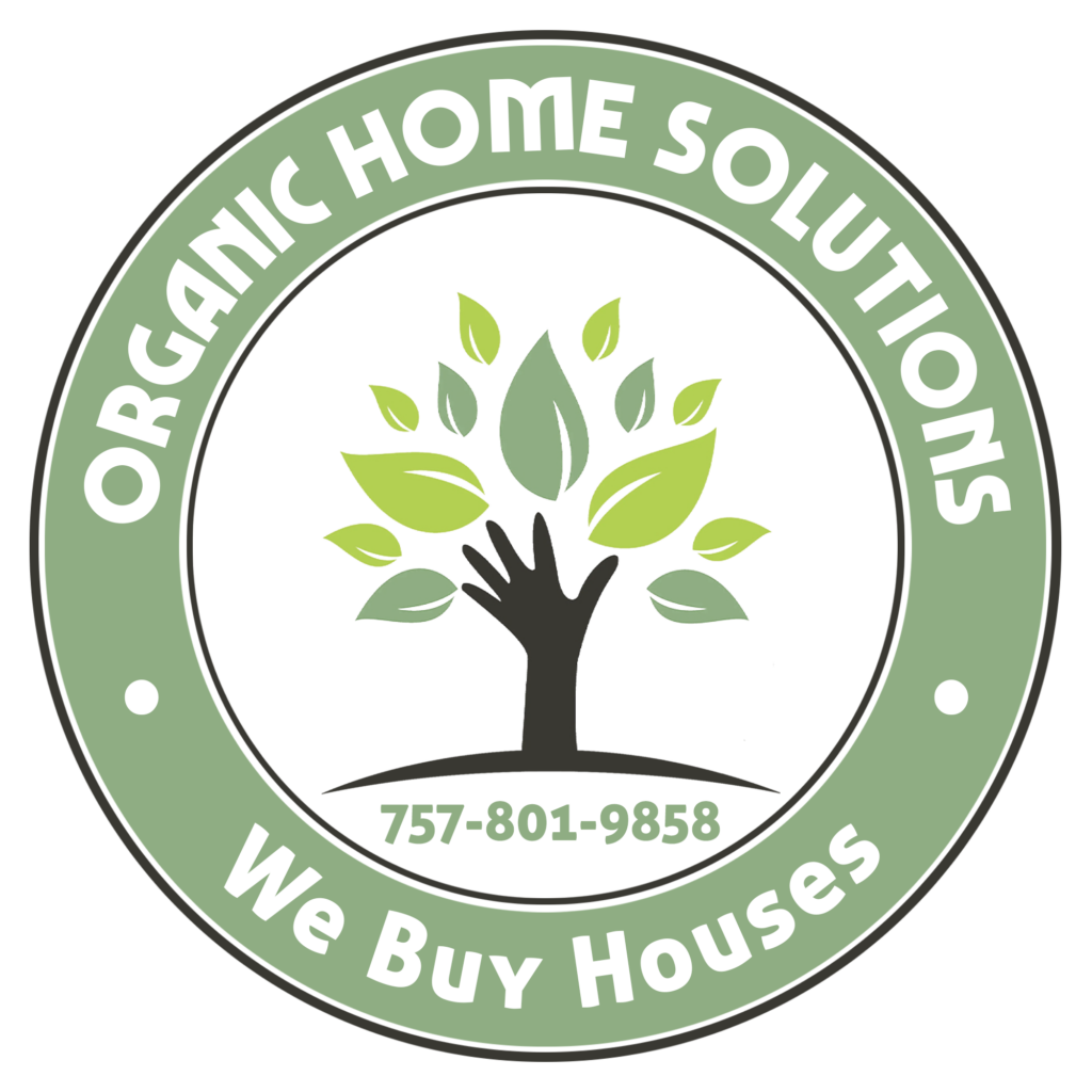 Round seal with a tree in the center and the company name around the edge and the words we buy houses