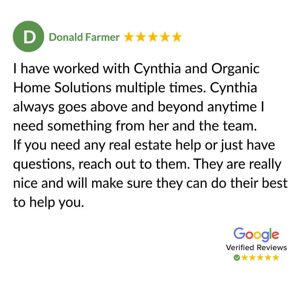 5 star Google review from Donald stating that Cynthia is really nice and goes above and beyond to help you. Reach out if you have any questions.