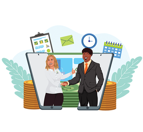 cartoon of 2 people shaking hands after getting cash for their house.