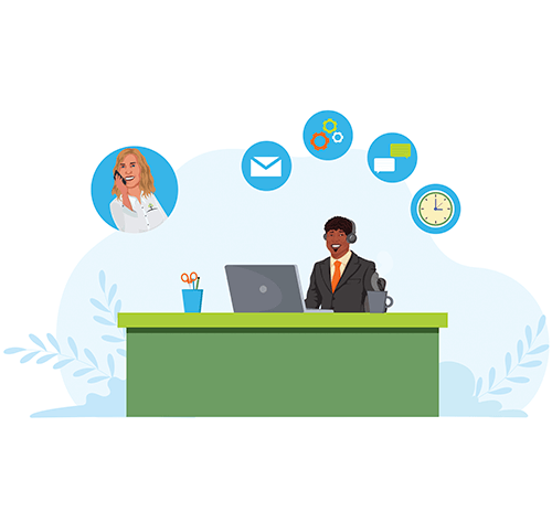 2 cartoon people interacting over the phone to set up an appointment