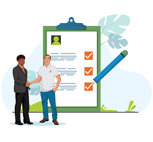 2 cartoon people shaking hands with a clipboard checklist requesting send us your info