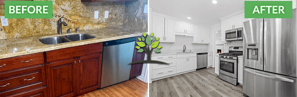 Before and after picture of a kitchen rehab with company logo