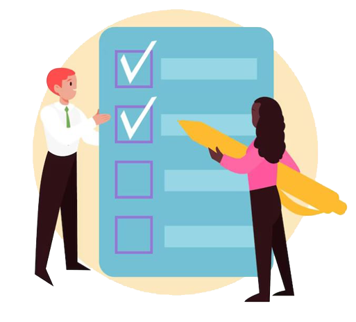 Cartoon image of people filling out a form to request an offer