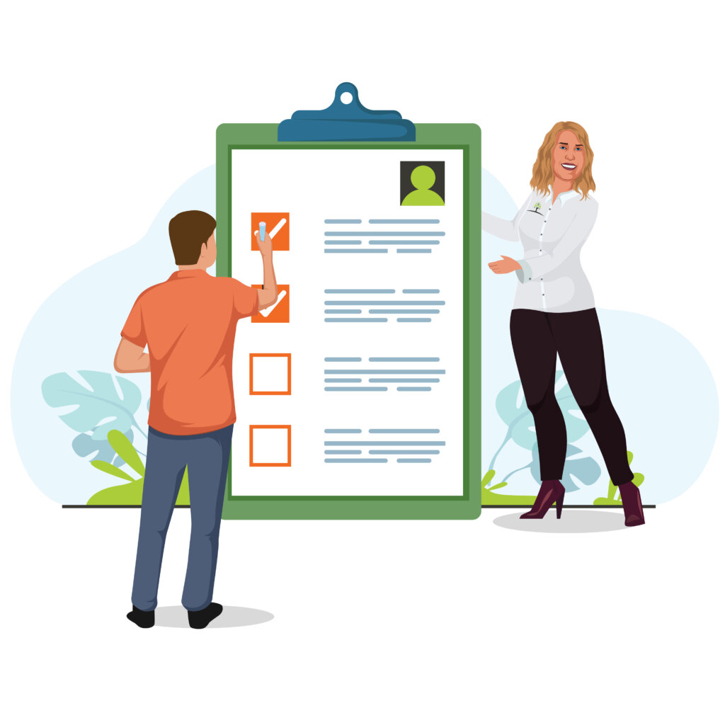 cartoon image of 2 people filling out a form to request an offer