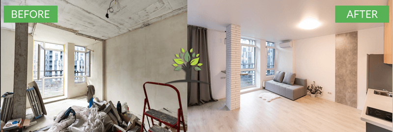 A before and after photo of a living room that was renovated