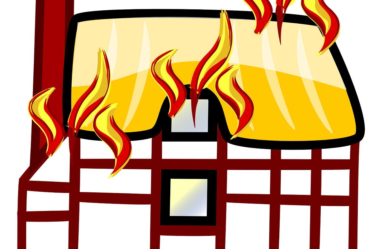 Cartoon illustration of a house on fire