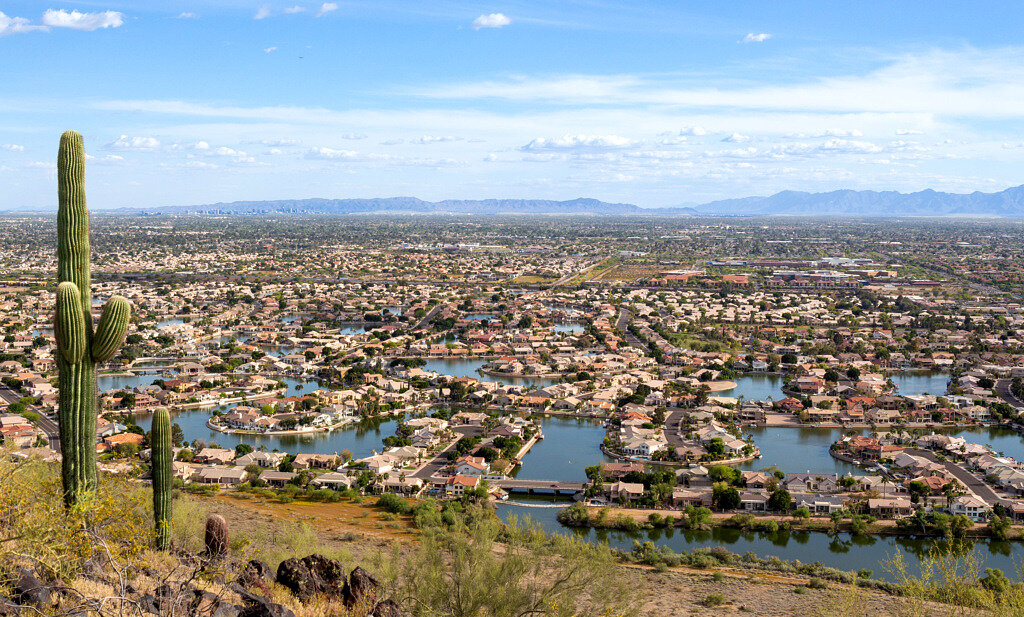 Aerial view of Glendale AZ west valley with saguaro cactus and lakes - mobile home communities in Glendale AZ - Penrod Mobile Homes